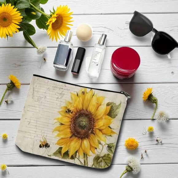 Vintage Sunflower Bee Cosmetic Bag Linen Script Botanical Makeup Pouch - Picture 3 of 8